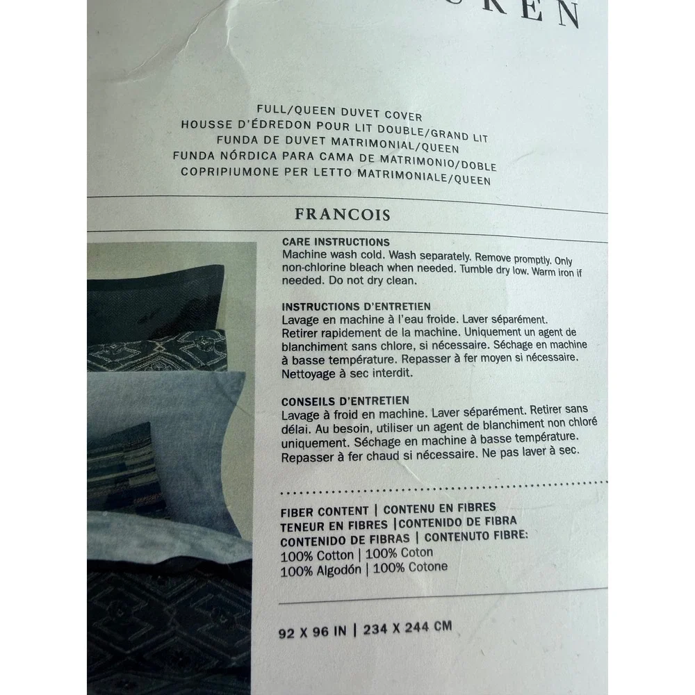 Ralph Lauren Francois Full Queen Duvet Cover Navy Blue 100% Cotton 92x96 NEW